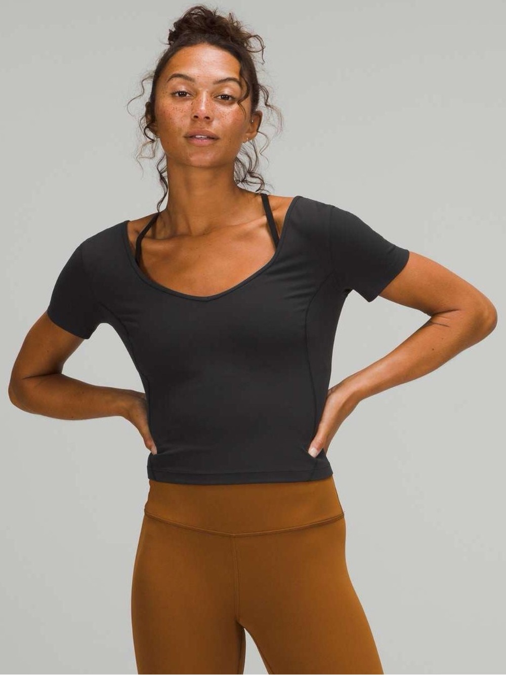 Lululemon Black Stretchy Scoop Neck Short Sleeve Crop Top